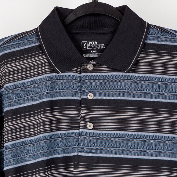 PGA Tour Polo Shirt L Mens Striped Black Blue White Short Sleeve Classic Golf - Picture 4 of 6